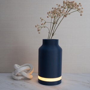 Könnte beinhalten: Eine marineblaue Vase mit vertikalen Linien und einem leuchtenden horizontalen Band am Boden. Die Vase enthält Trockenblumen. Links von der Vase befindet sich ein weißer Dekoknoten. Wohnkultur.