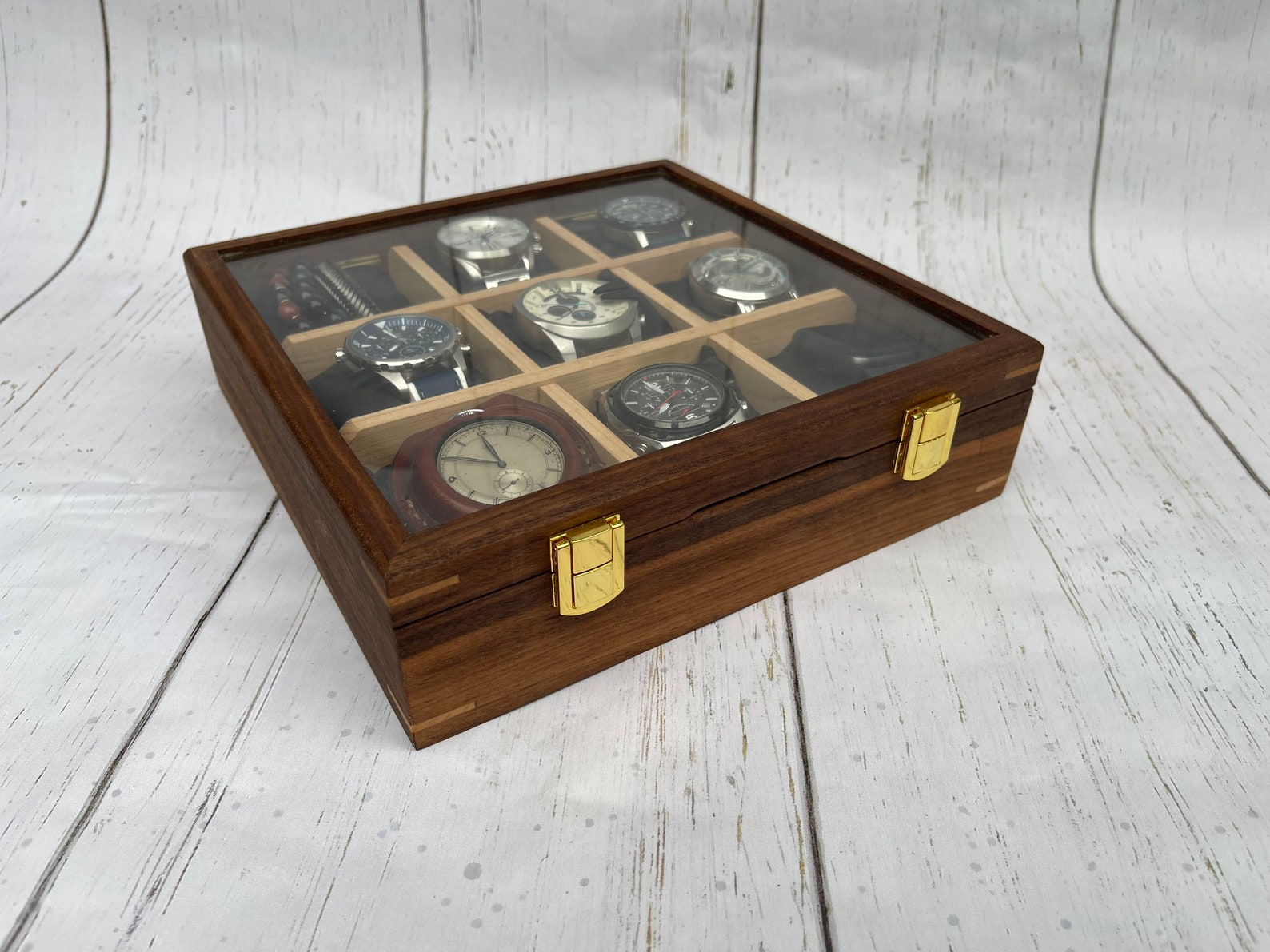 Walnut Watch Box With Glass Top and Maple Dividers and Etsy