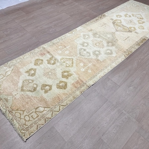 Neutral Turkish runner rug,3x12 Oushak Runner Rug,Beige Vintage Runner rug,Muted Turkish runner rug,Faded Oushak runner rug,Entryway runner