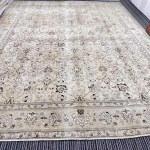Oversized Palace Area Rug 11.25X14.33 feet - 11x14 ft Wool Cream Handmade Area Rug for Entryway and Living Room - Turkish Vintage Area Rug