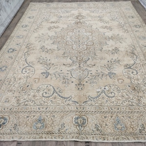 10&#39;x13&#39; ft Vintage Cream Area Rug for Livingroom - Oversized Cream Area Rug - Vintage Extra Large Area Rug Kitchen - Anatolian Oushak Rug