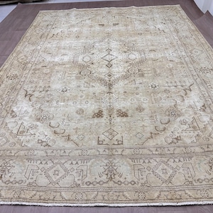 Oversized Neutral Rug - 10x13 feet Vintage Handmade Area Rug - Cream Oversize Area Rug -Turkish Palace Area Rug 10&#39;x13&#39; ft-Oushak Palace Rug