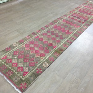 Red Vintage Handmade Herki Runner Rug for Hallway -- 3x13 Wool Handwoven Herki Runner Rug for Kitchen -- Turkish Decorative Herki Runner Rug