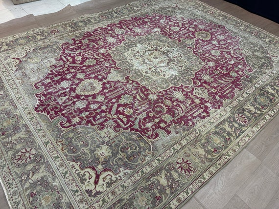 Oversized Red Area Rug: 10'x13' Vintage Hand-Knotted Bohemian Wool Rug