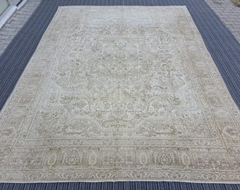 Oversized Cream Wool Area Rug: 9x12 ft Handmade Entryway Rug