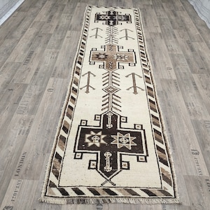 3x12 ft Cream and Brown Herki Runner Rug - Oushak Vintage Runner Rug - Anatolian Design Runner Rug for Entryway -Hallway Runner Rug 3&#39;x12&#39;