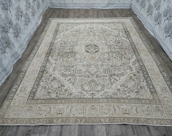 9x13 ft Turkish Oushak Rug: Cream Beige Wool Handmade Area Rug
