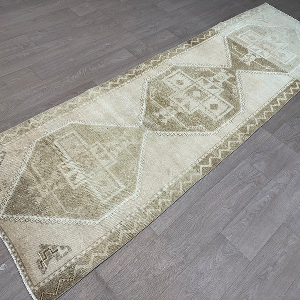 4x11 feet Runner Rug Cream Color - Handmade Oushak Runner Rug for Entryway - Anatolian Vintage Runner Rug - Turkish Cream Runner Rug - Large