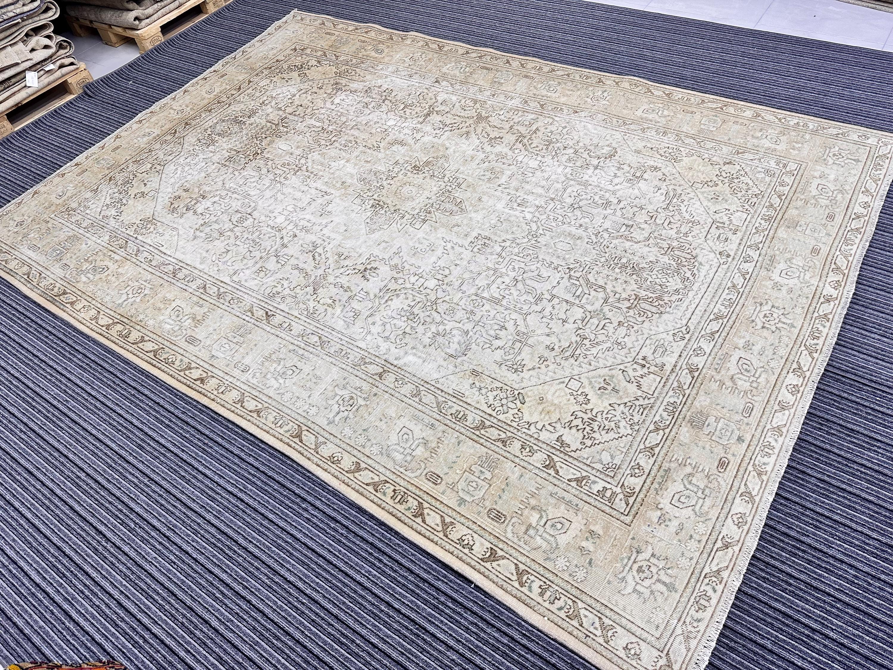 8x11 Ft Vintage Oushak Turkish Rug: Large Neutral Handmade Wool