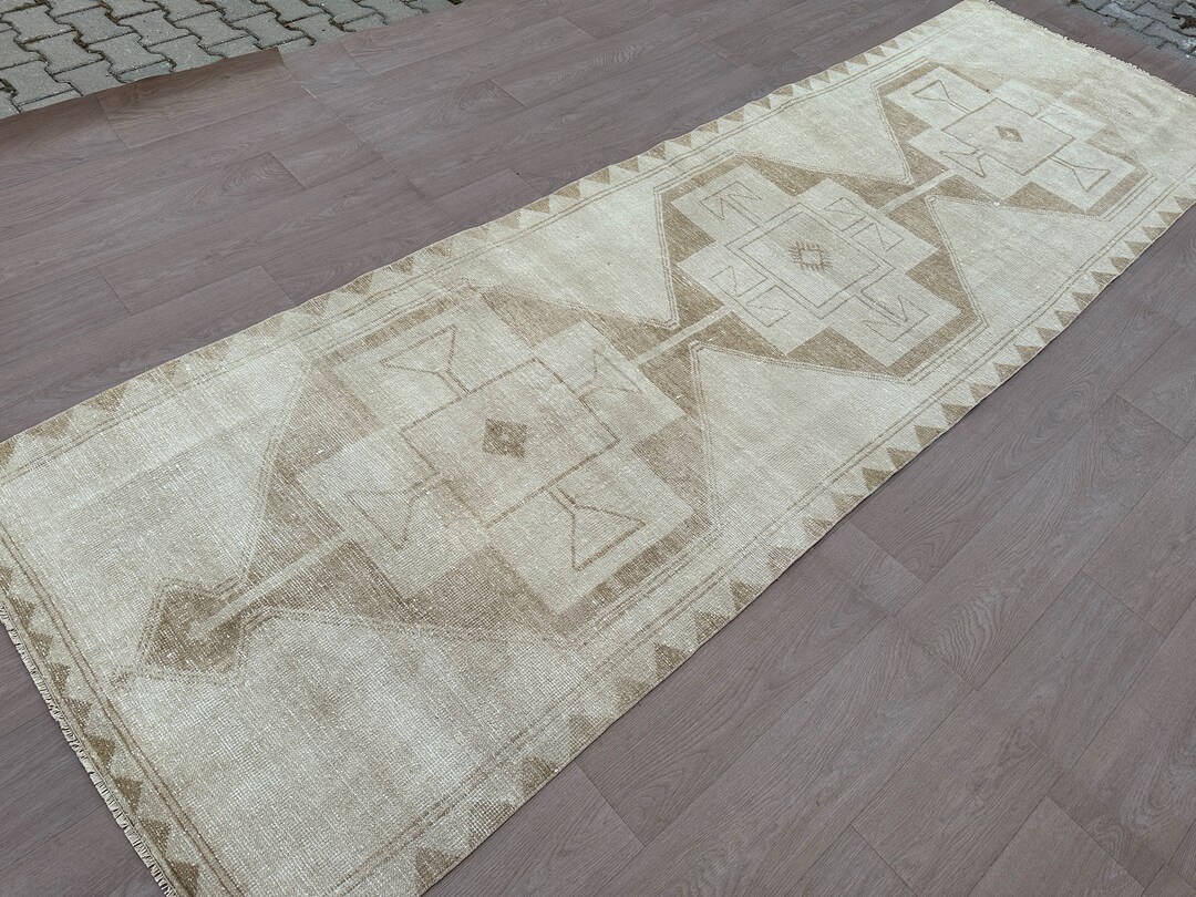 Creme Vintage Runner Rug Extra Long 4x13 Feet Long Hand Knotted Beige