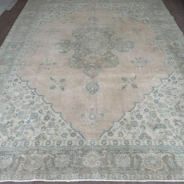 Oversize Saloon Area Rug - 9.84 x 11.15 feet Cream Area Rug for Entryway - Oushak Handmade Extra Large Area Rug - Vintage Big Area Rug Hall