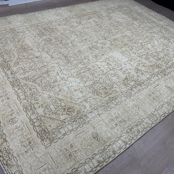 Cream Vintage Extra Large Turkish Palace Area Rug Livingroom - 9.58 x 12.58 feet Turkish Wool Hand Knotted Oversized Area Rug for Saloon