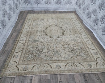Vintage Turkish Wool Rug: Tan Anatolian Handwoven Area Rug 9x12