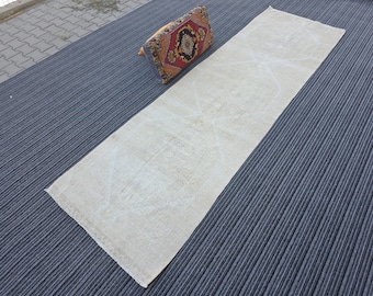 Handmade Anatolian Turkish Runner Rug: Beige Vintage Wool (3'x11' ft)