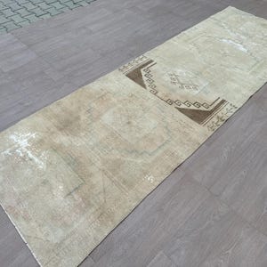 Vintage Cream Oushak Runner Rug: Hand Knotted Turkish Wool 4x12 ft