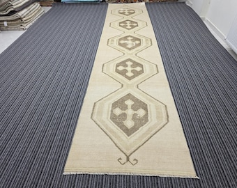 Neutral Vintage Cream Runner Rug Kitchen 3.24x14.73 feet - 3'x15' ft Hand Woven Wool Runner Rug for Entryway - Hallway Handmade Runner Rug
