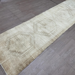 3.55X13.45 feet Vintage Cream Runner Rug for Kitchen and Entryway - Anatolian Oushak Turkish Runner Rug - 4&#39;x13&#39; ft Wool Neutral Runner Rug