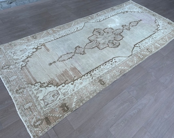 4.72 x 10.59 feet Neutral Vintage Runner Rug for Kitchen - 5x11 Turkish Oushak Wool Hand Knotted Runner Rug for Entryway - Homedecor Runner