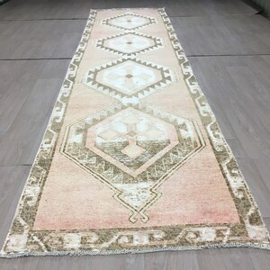 TAN TURKISH RUNNER Oushak Corridor Rug 3.57 x 13.48 / Turkish Vintage Hand Knotted Wool Runner Rug / Beige and Cream Runner Rug for Entryway