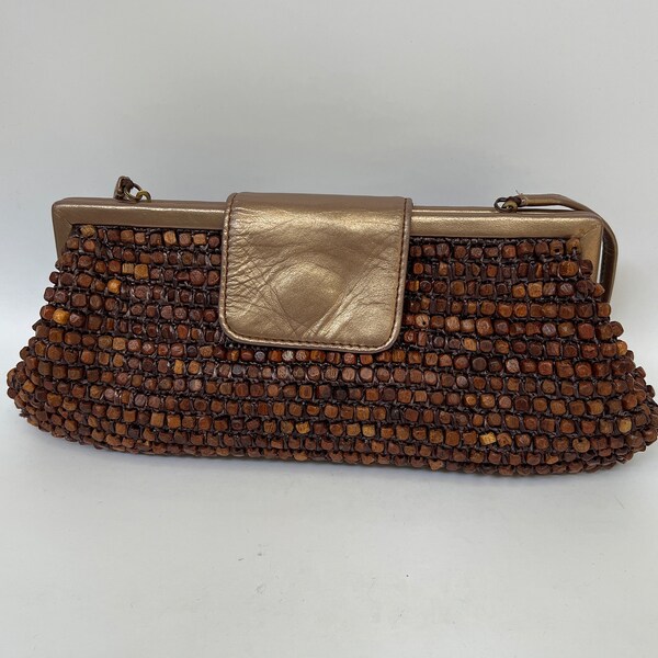Vintage Brown Wooden Bead Santi Clutch Handbag