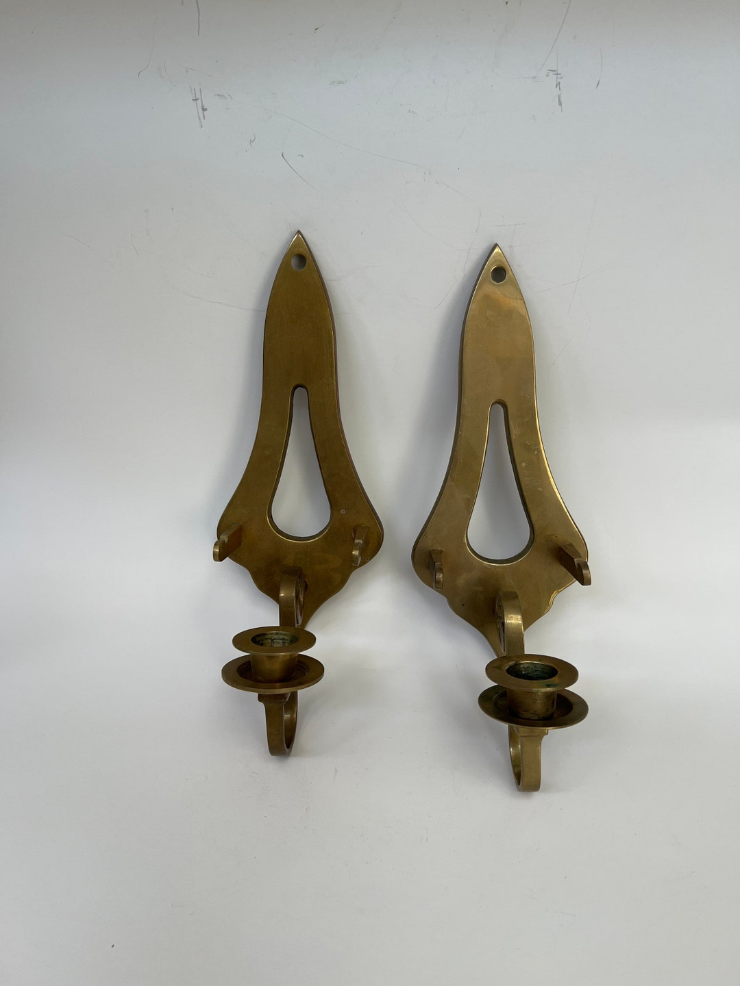 Vintage Brass Wall Candlestick Holders With Plate Arms Etsy