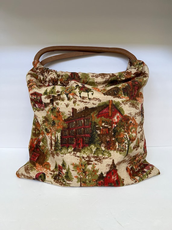 Handmade Vintage Fabric Wood Handle Craft Bag