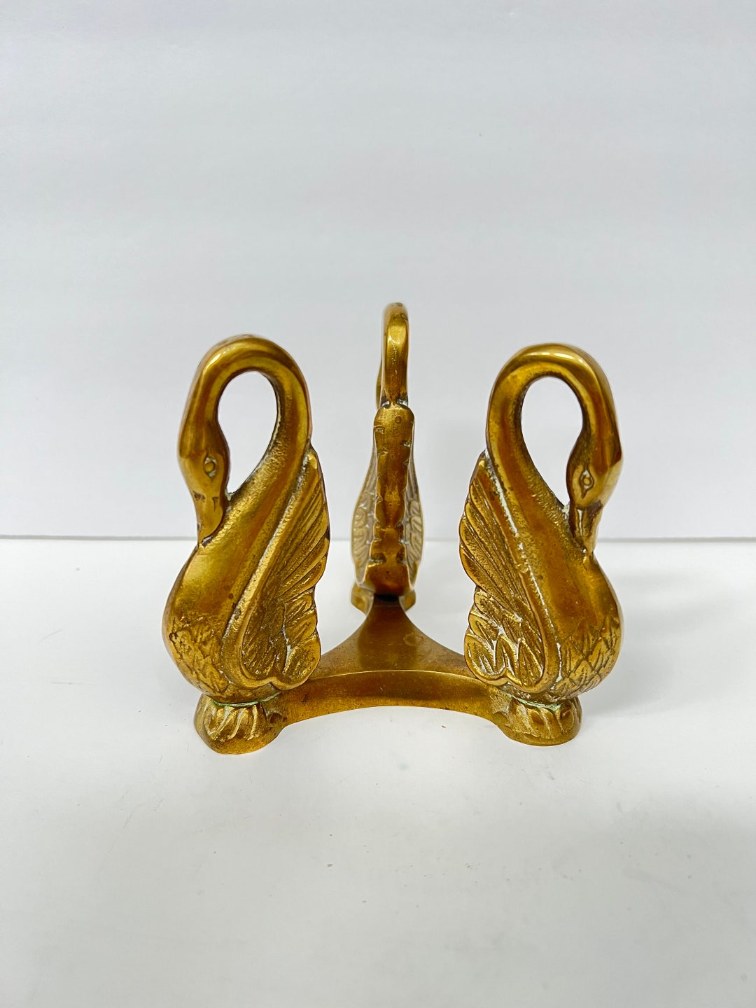 Vintage Triple Swan Brass Vase Holder Figure Etsy