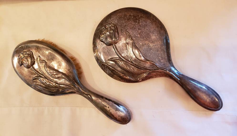 Antique Silverplate Hand Mirror and Hair Brush Etsy