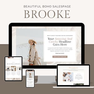 Puede incluir: Un diseño de página de ventas de marketing digital, que muestra un diseño de sitio web en una computadora de escritorio, tableta y teléfono inteligente. El diseño presenta el texto "BROOKE" y "Your Amazing And Catchy Headline Goes Here".