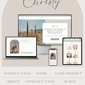 Pode incluir: Uma maquete de site para um coach de negócios, apresentando um laptop, um tablet e um telefone exibindo diferentes páginas do site. O site tem um esquema de cores claro com foco em empoderar mulheres empreendedoras. O texto no site inclui "Sobre mim", "Vamos conversar" e "Empoderando mulheres empreendedoras".