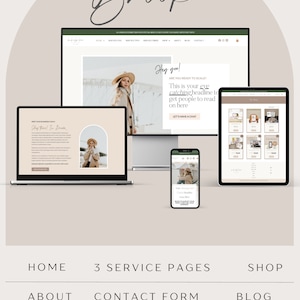 May include: A website mockup for a WordPress theme called "Brooke". The website features a light color scheme with a focus on images and text. The website includes a home page, service pages, a shop, an about page, a contact form, a blog, a sales page, and an Instagram feed. The website is responsive and looks great on all devices.
