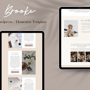 May include: A website template for WordPress using the Elementor plugin. The template features a light brown background with a white text header that says "Brooke". The template also features a photo of a woman wearing a hat and a white shirt. The text "Some Key Facts About Me" is also visible on the page.