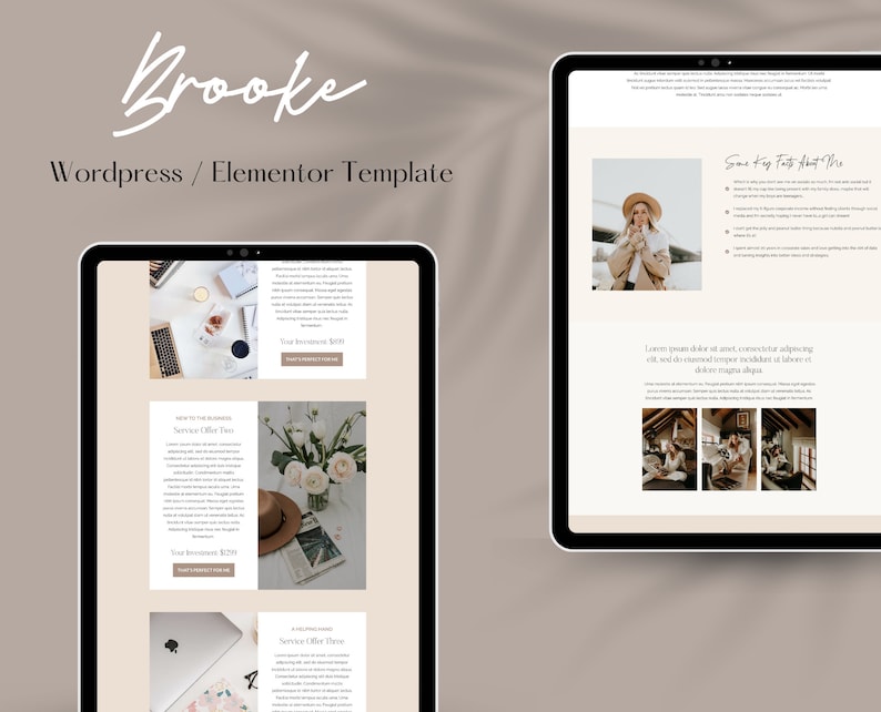 May include: A website template for WordPress using the Elementor plugin. The template features a light brown background with a white text header that says "Brooke". The template also features a photo of a woman wearing a hat and a white shirt. The text "Some Key Facts About Me" is also visible on the page.