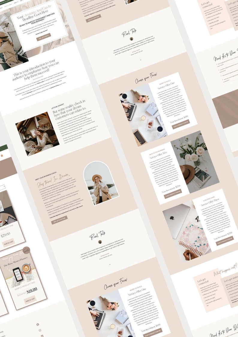 May include: A website homepage for a business coach. The website features a light brown background with white text and images. The website includes a call to action to "Get Started" and a section titled "Real Talk".