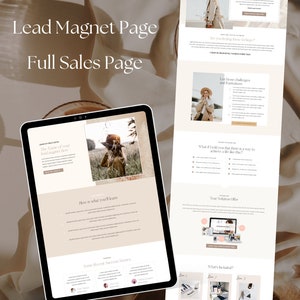 May include: A webpage with a light brown background and text that reads "Lead Magnet Page Full Sales Page". The page features a woman in a brown coat and hat standing in a field. The text on the page describes a product that helps people achieve a better life.