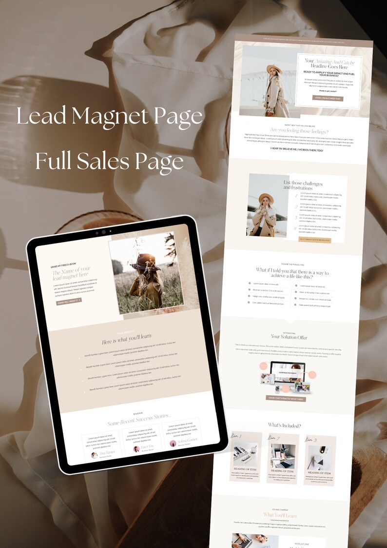 May include: A webpage with a light brown background and text that reads "Lead Magnet Page Full Sales Page". The page features a woman in a brown coat and hat standing in a field. The text on the page describes a product that helps people achieve a better life.