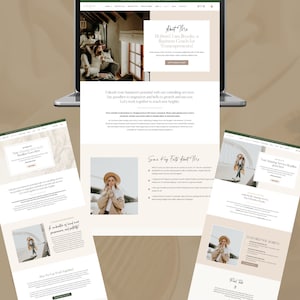 May include: Three website layouts for a business coach for women entrepreneurs. The layouts feature a woman in a white coat and hat, a woman in a brown coat and hat, and a woman in a white shirt and hat. The text on the website says "About Me", "Some Key Facts About Me", and "Your Amazing Service is Ready to Headline".