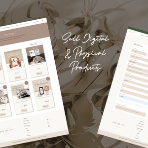 May include: A website screenshot showing a shop selling digital and physical products. The website has a light brown background with a light brown header and a white body. The shop has a grid of product images with titles and prices. The website also has a checkout page with a form for billing details and a section for choosing a payment method.