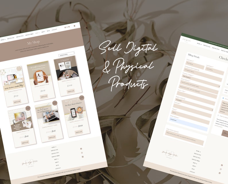 May include: A website screenshot showing a shop selling digital and physical products. The website has a light brown background with a light brown header and a white body. The shop has a grid of product images with titles and prices. The website also has a checkout page with a form for billing details and a section for choosing a payment method.