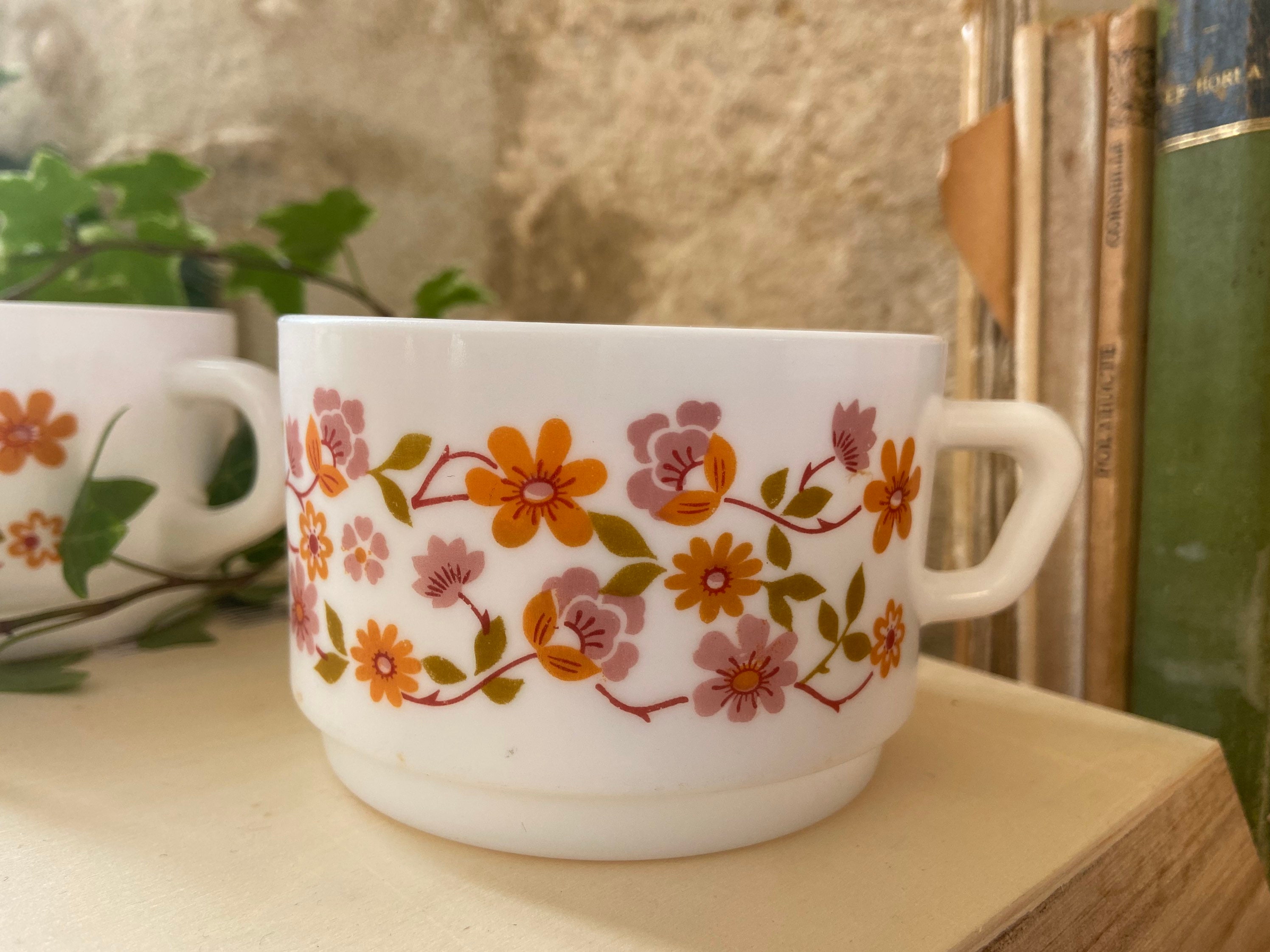 Jolie Paire de Tasses Fleuries Orange Scania Vintage Français Arcopal