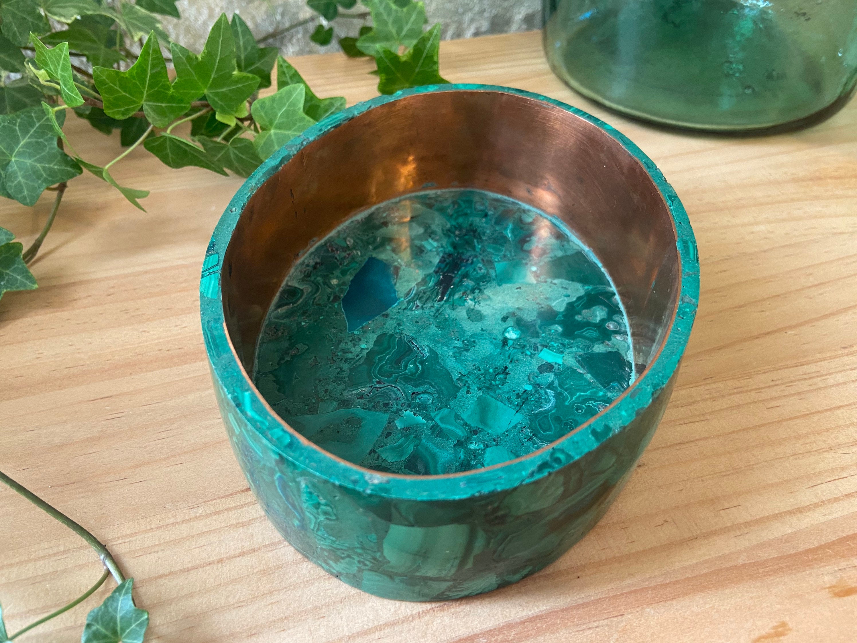 Vide Poche ou Boite à Bijoux en Pierre Précieuse, Malachite et Cuivre