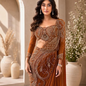 May include: A rust-coloured saree with detailed gold embroidery and beadwork. The long-sleeved blouse has a square neckline and elaborate embellishments. The pleated skirt and draped fabric create an elegant silhouette. The saree is a traditional Indian garment.