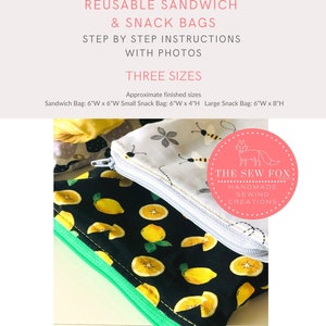 Puede incluir: Tres bolsas reutilizables para sándwiches y aperitivos con diferentes patrones de tela. Las bolsas están hechas con cierre de cremallera y tienen aproximadamente 15 cm de ancho. Las bolsas se muestran sobre una superficie blanca. El texto "THE SEW FOX" está en un círculo rosa con una ilustración de un zorro.