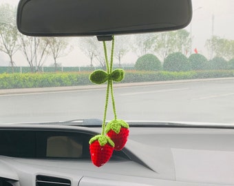 Strawberry Car Mirror Hanging Accessories Charm Fruit Accessories for Women Teens Interior Rear View Mirror Flower Decor