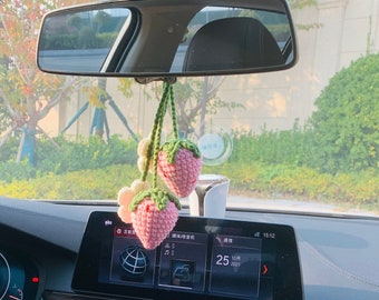 Cute Strawberry Flower Car Accessories Mirror Hanging Charm Fruit Decor Teens Interior Rear View Mirror for Women