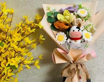 Gehaakte bloemen, schattige koetulp Madeliefje bloemornament, breiwerk Een bos bloemen Jubileumboeket Cadeau voor haar