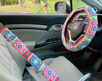 Steering Wheel Cover for women, Crochet cute rainbow flower seat belt Cover, Car Accessories decorations