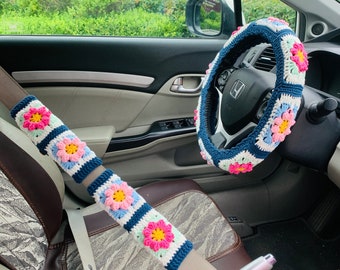 Handmade crochet Steering Wheel Cover for women, cute kawaii daisy flower seat belt Cover, Car interior Accessories decorations