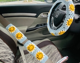 Handmade crochet cute smiley face Steering Wheel Cover for women,daisy flower seat belt Cover, Car interior Accessories decorations car gift