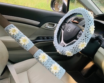 Steering Wheel Cover for women, Crochet daisy flower seat belt Cover, Car Accessories decorations